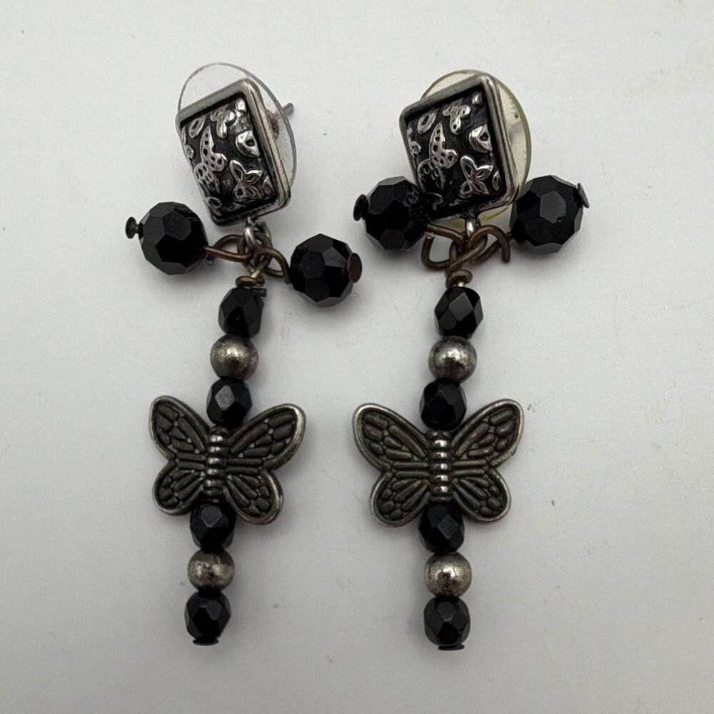 Silver Tone Black Bead Butterfly Dangle Drop Earrings Post Closure 2"